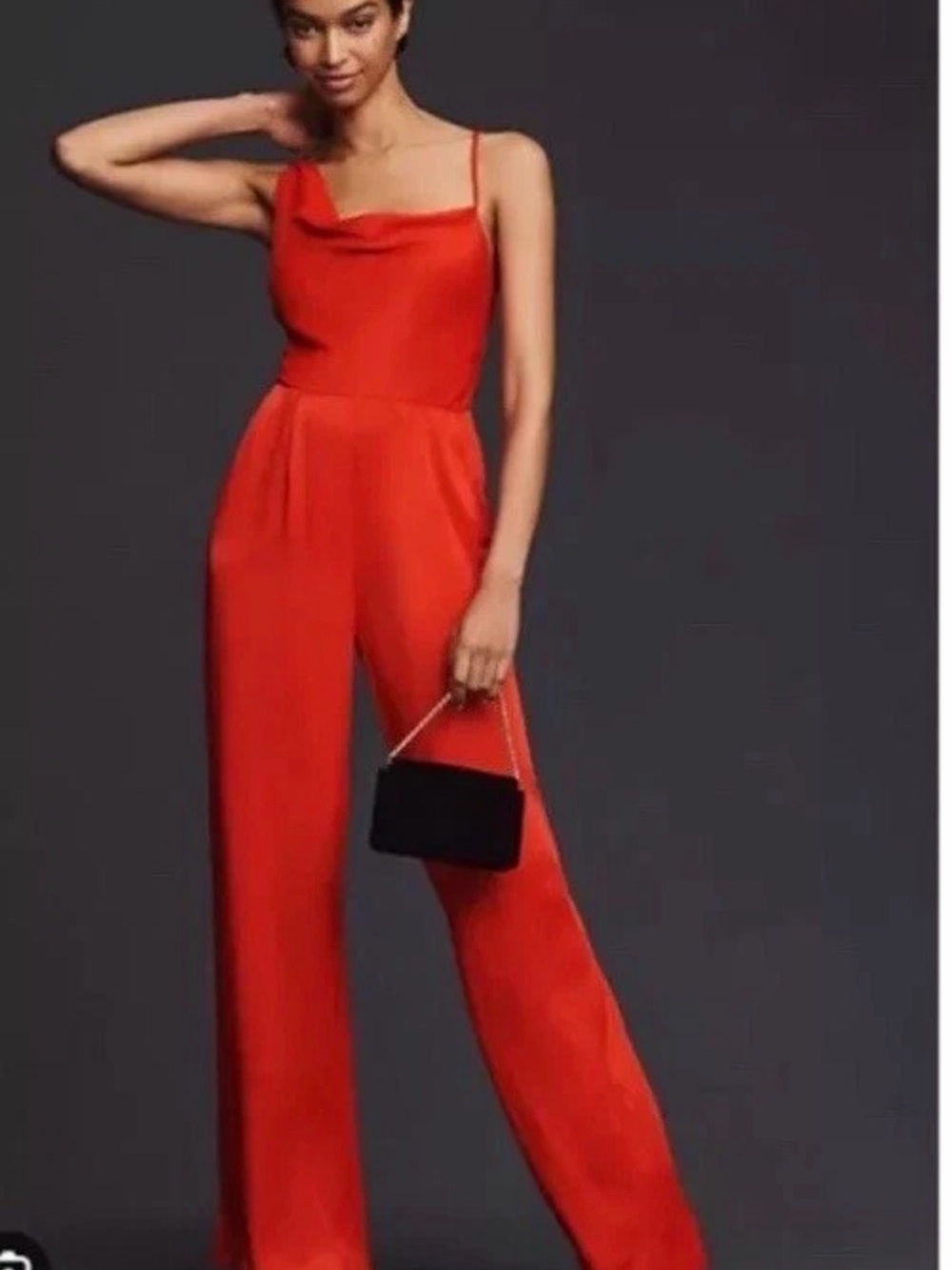 Anthropologie Red Satin Cowl-Neck Wide-Leg Jumpsuit Open Back 10 Tall